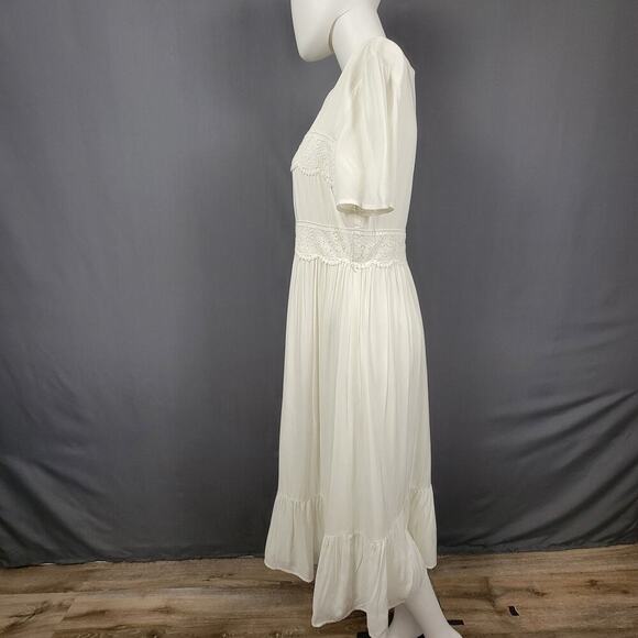 Vanilla Bay Cream Midi Dress Large Empire Waist Lace Trim Cottagecore - Picture 3 of 7